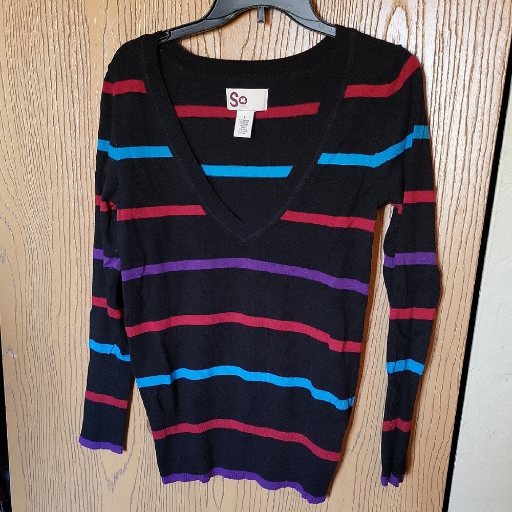 SO Black Sweater with Colorful Stripes